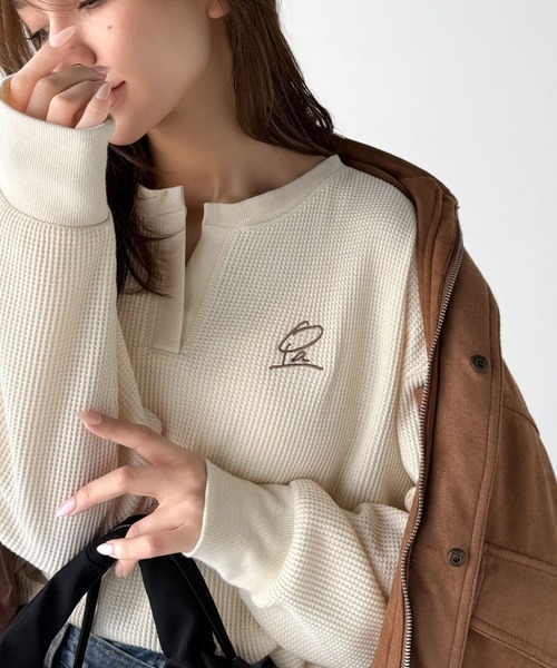 日本🇯🇵連線 Classical Elf 華夫格紋小V領長袖 刺繡 簡約風 寬鬆 5色(任買兩件711免運)/預購