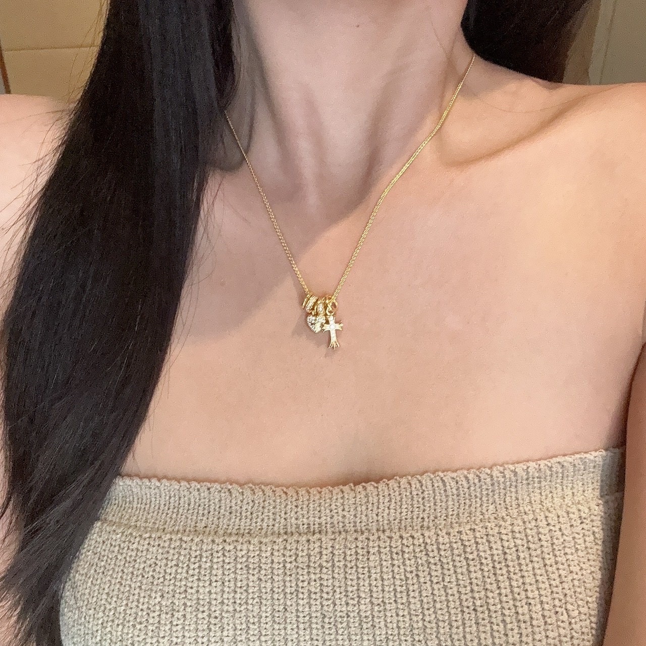 Gy”nova低奢金鑽十字心多環小墜”蛇骨項鍊