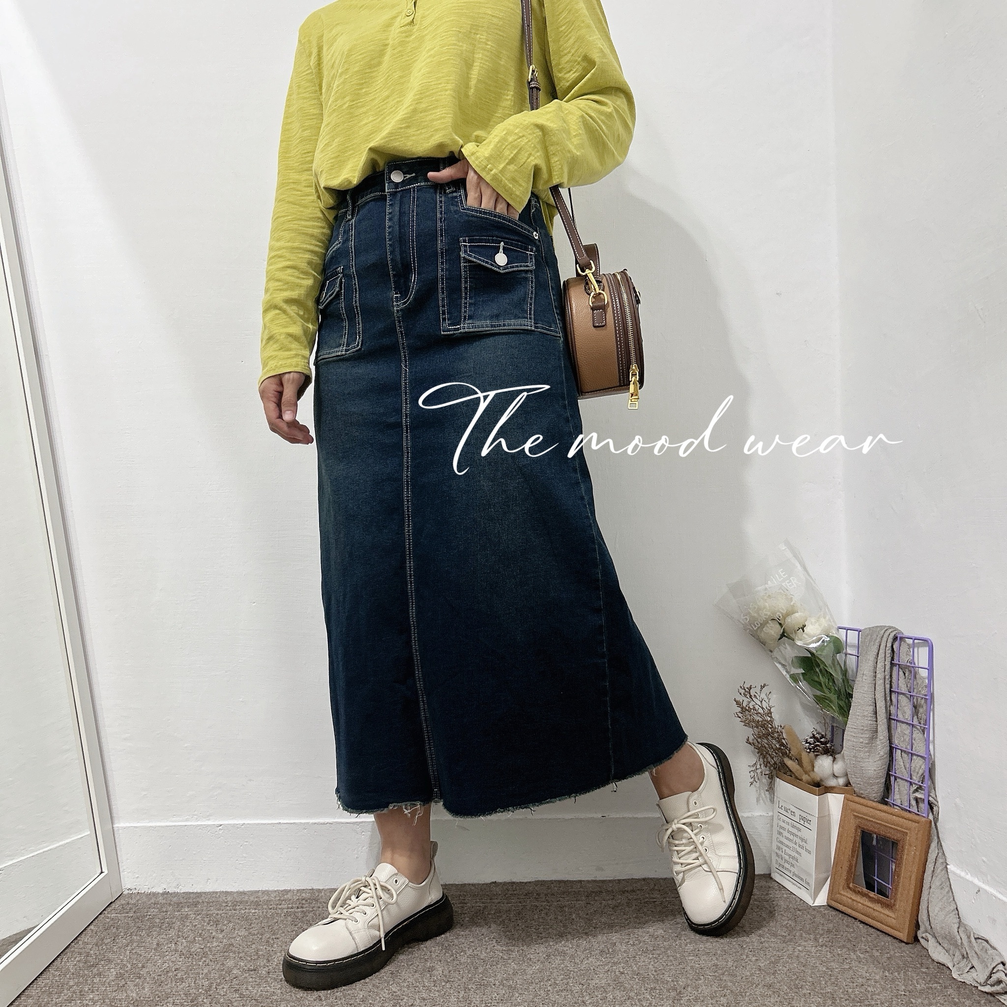 S-3XL車線口袋牛仔長裙