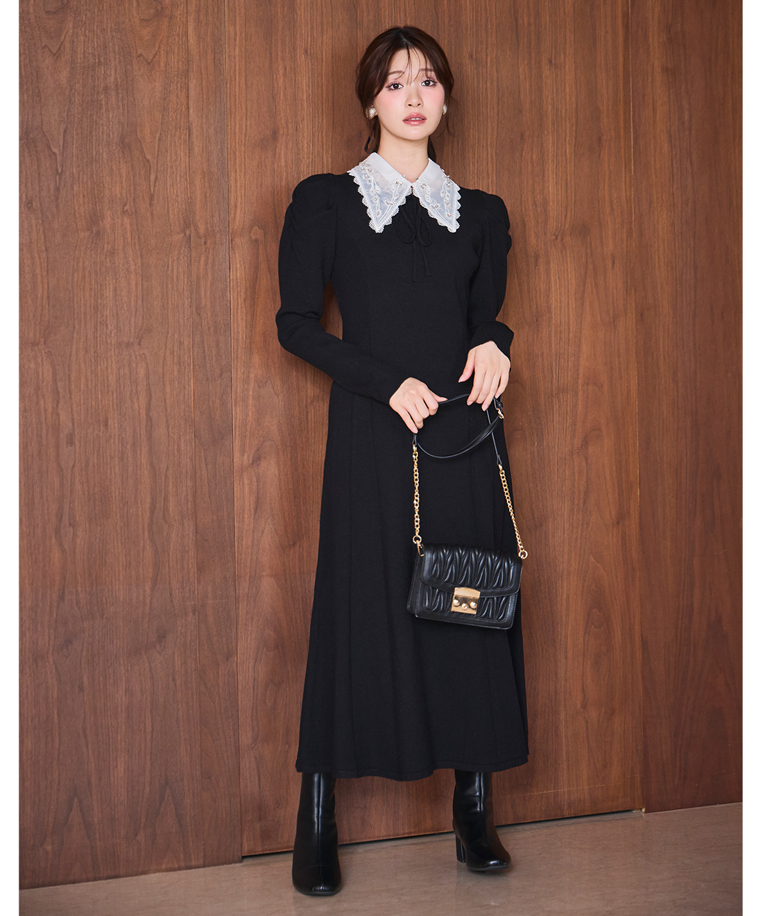 [預購] 折扣LILLIAN CARAT 鑲寶石領針織連身裙