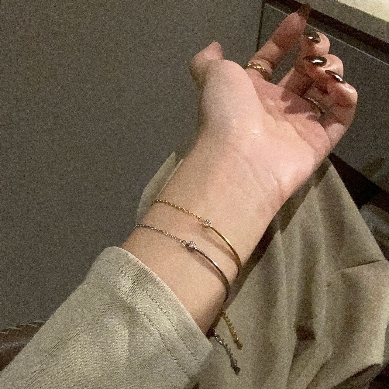 Gy”feminine低奢金銀單鑽半鐲鏈”細手鏈