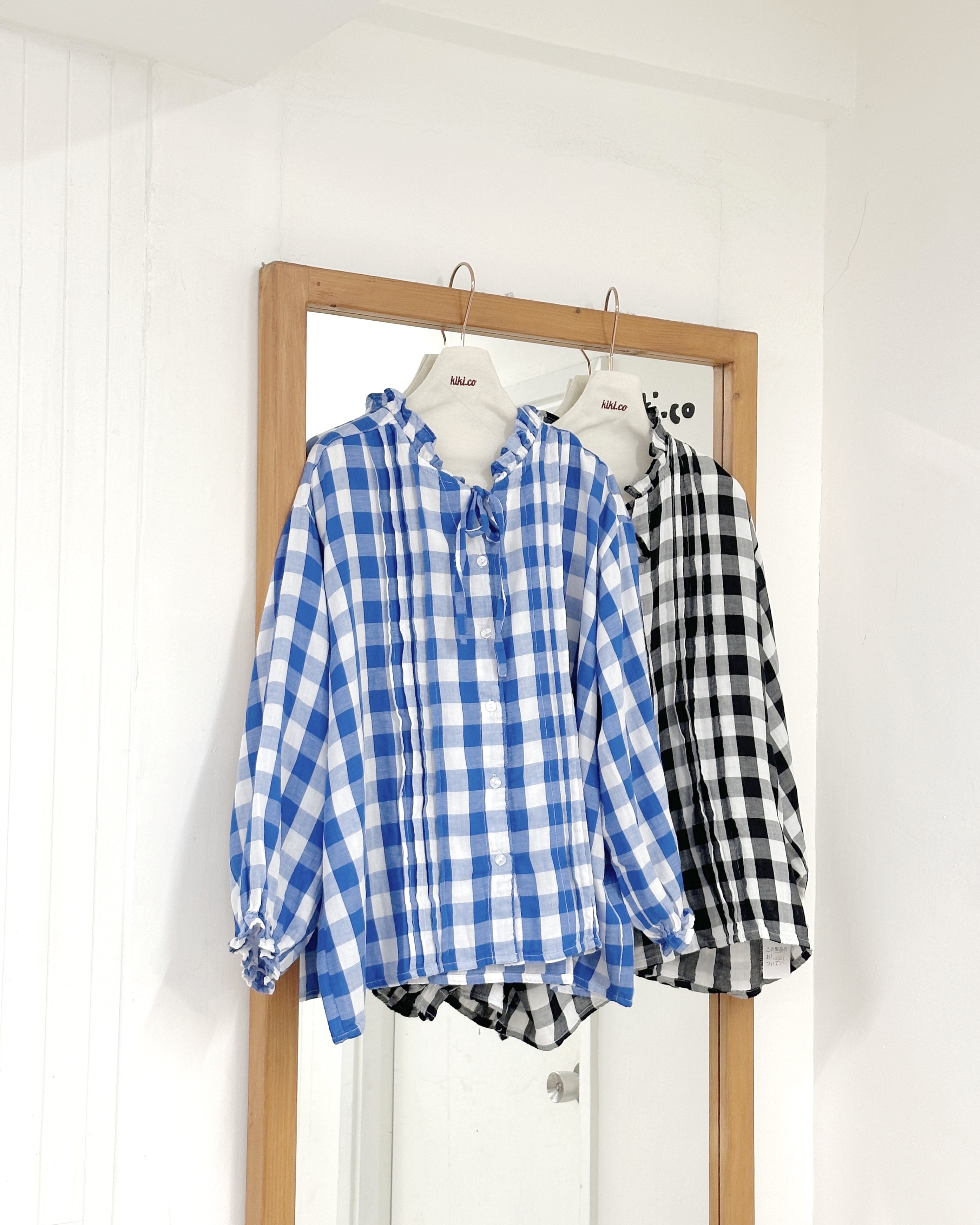 Ruffle領綁結大格棉紗上衣