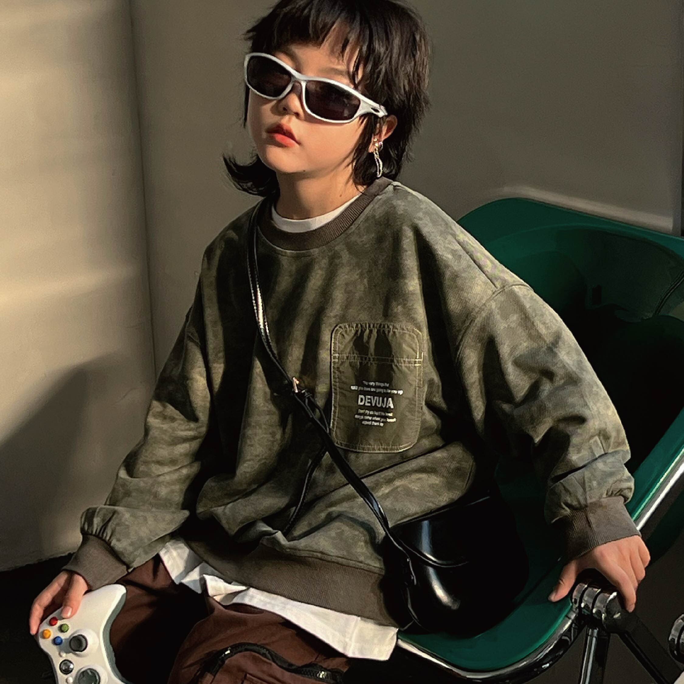 【H35288】潮流軍綠暈染水波紋上衣