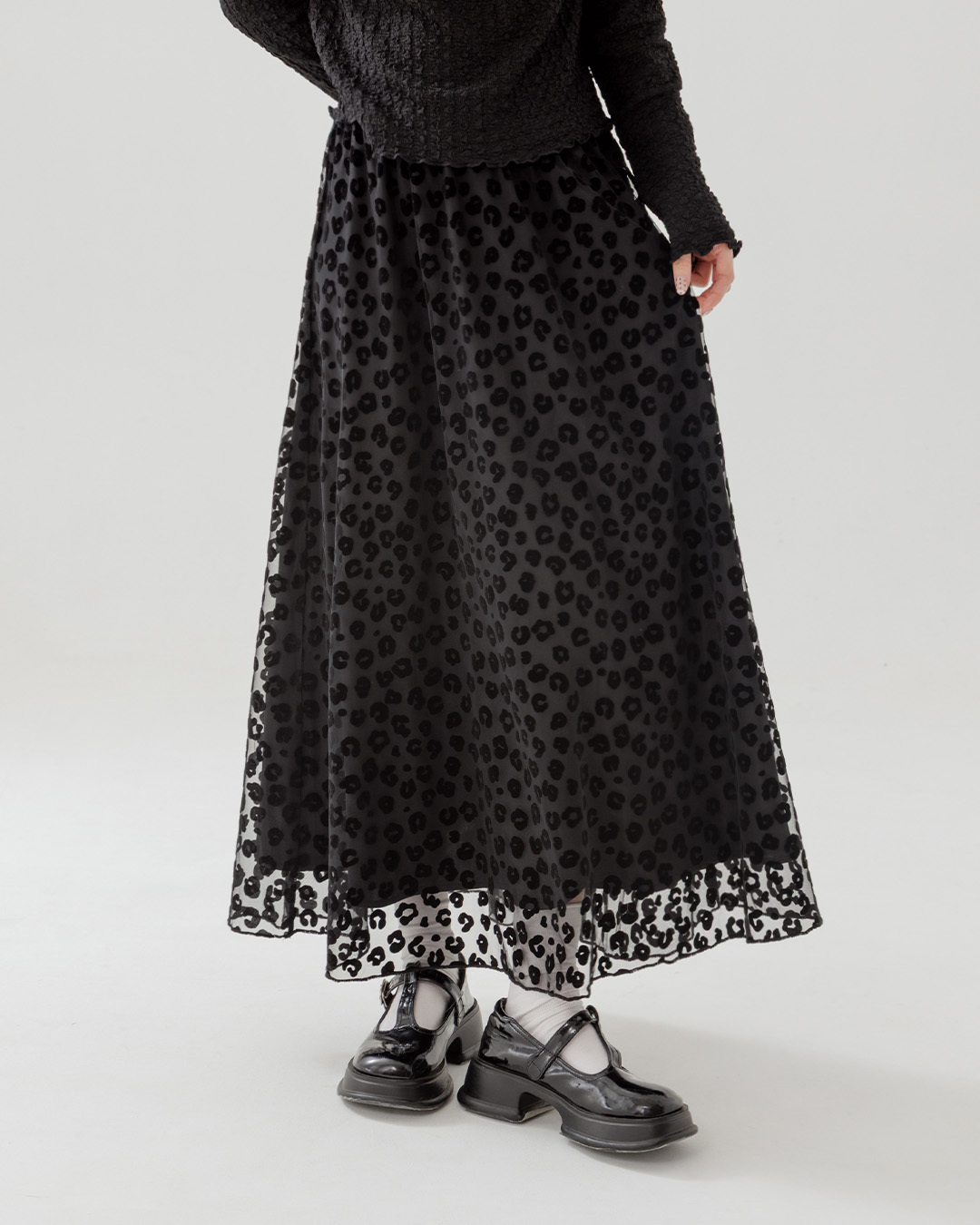 Leopard texture velvet mesh design straight maxi skirt, two colors available【03021637】in stock+pre-order