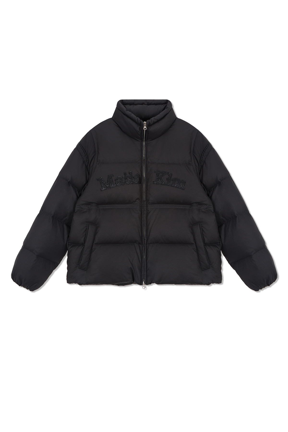 LOGO布貼亮面羽絨外套 黑色