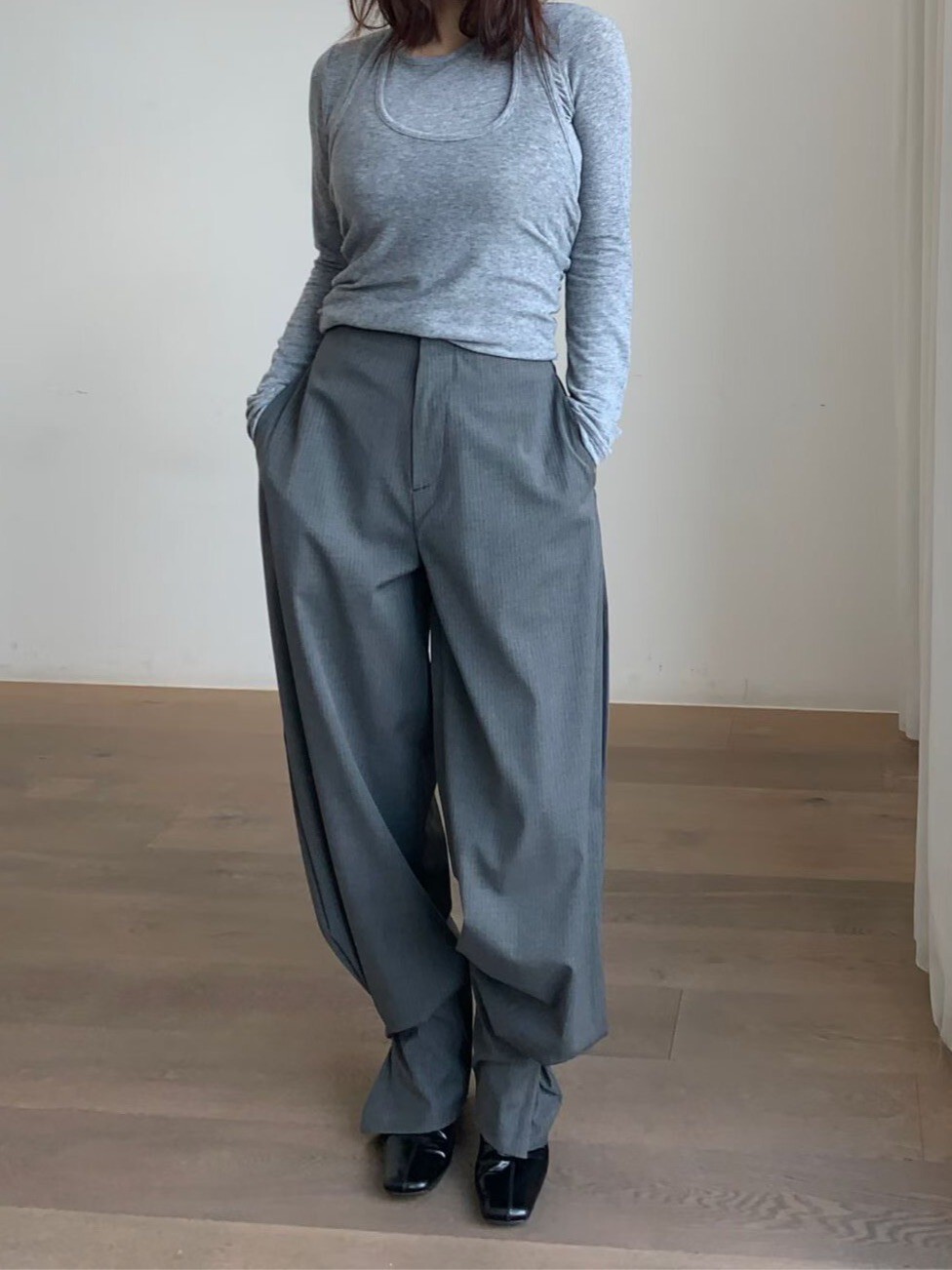 造型束腳直紋高腰西褲