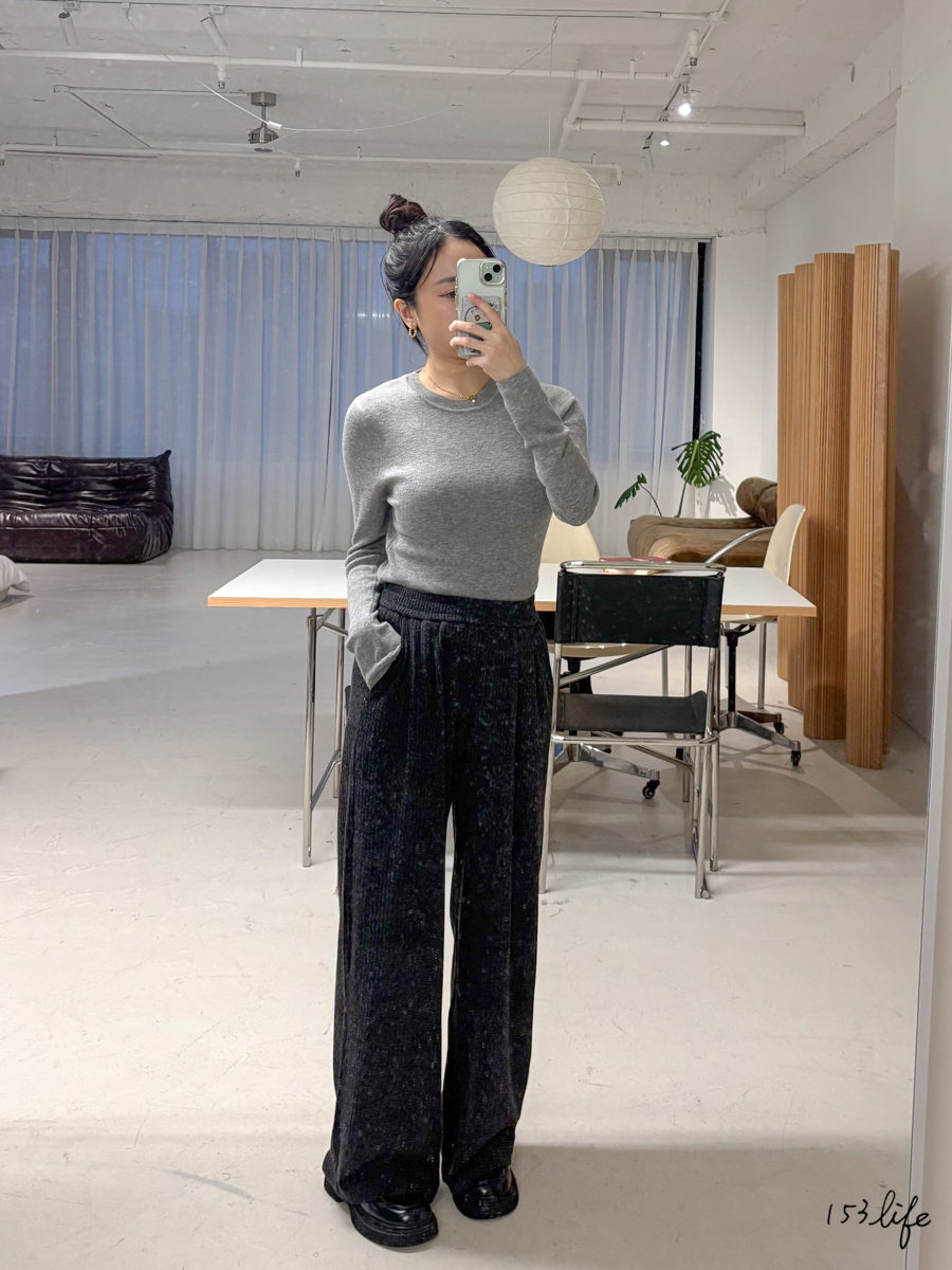 秋冬休閒腰鬆緊坑條深灰針織寬褲(XXS-L)(九分/長款)