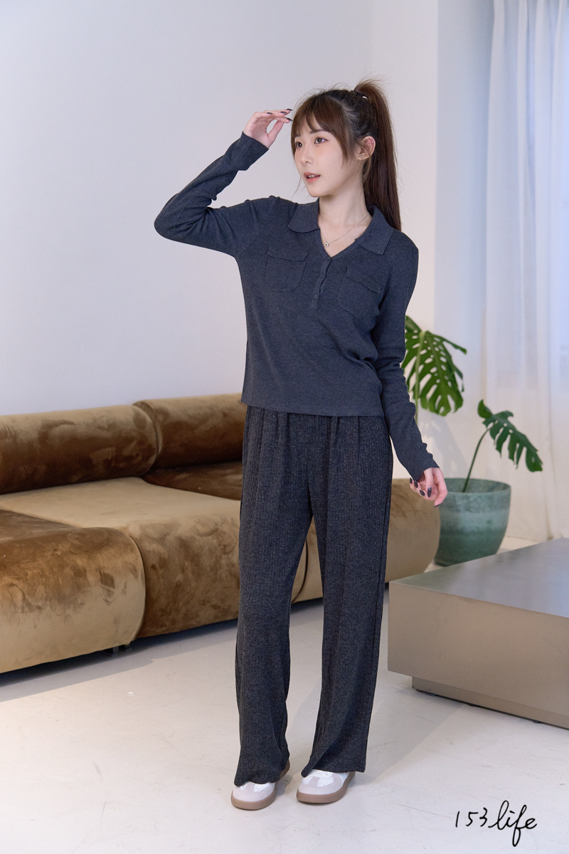 秋冬休閒腰鬆緊坑條深灰針織寬褲(XXS-L)(九分/長款)