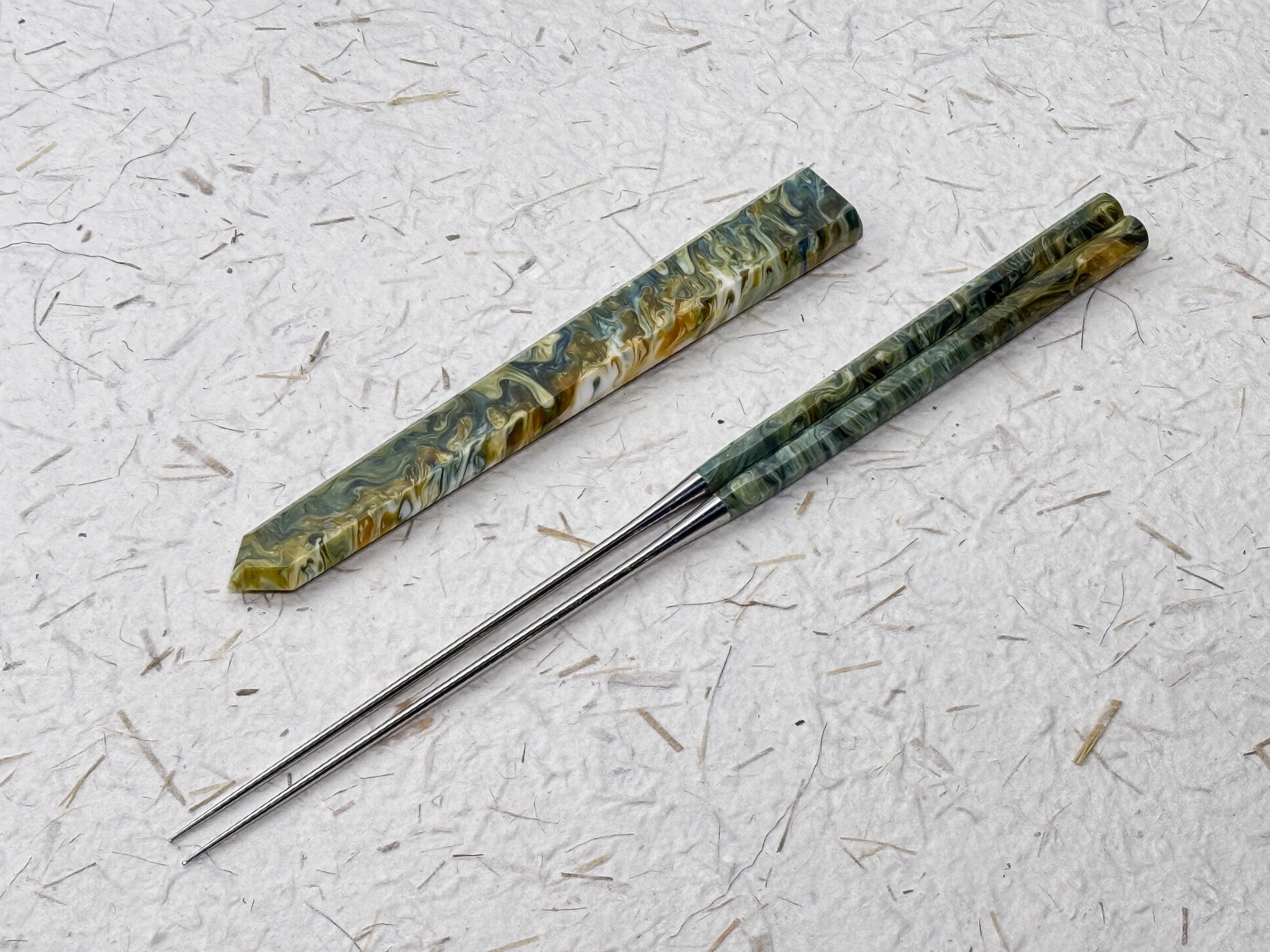 初心 黃藍綠色樹脂 八角盛箸 收納袋付