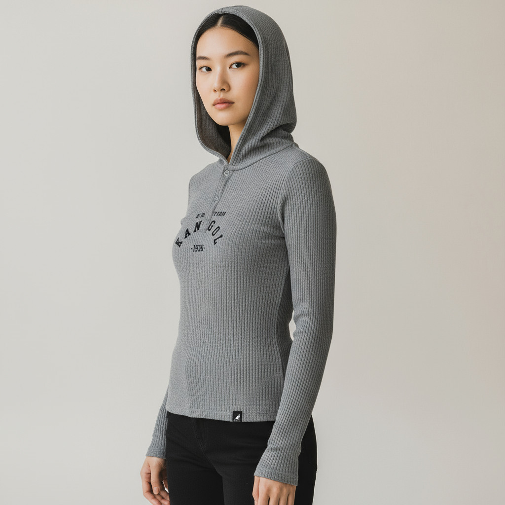 KANGOL 長袖 灰色 修身 羅紋 連帽 上衣 女 6552100112