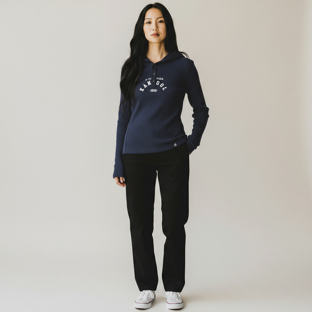 KANGOL 長袖 黑色 修身 羅紋 連帽 上衣 女 6552100120