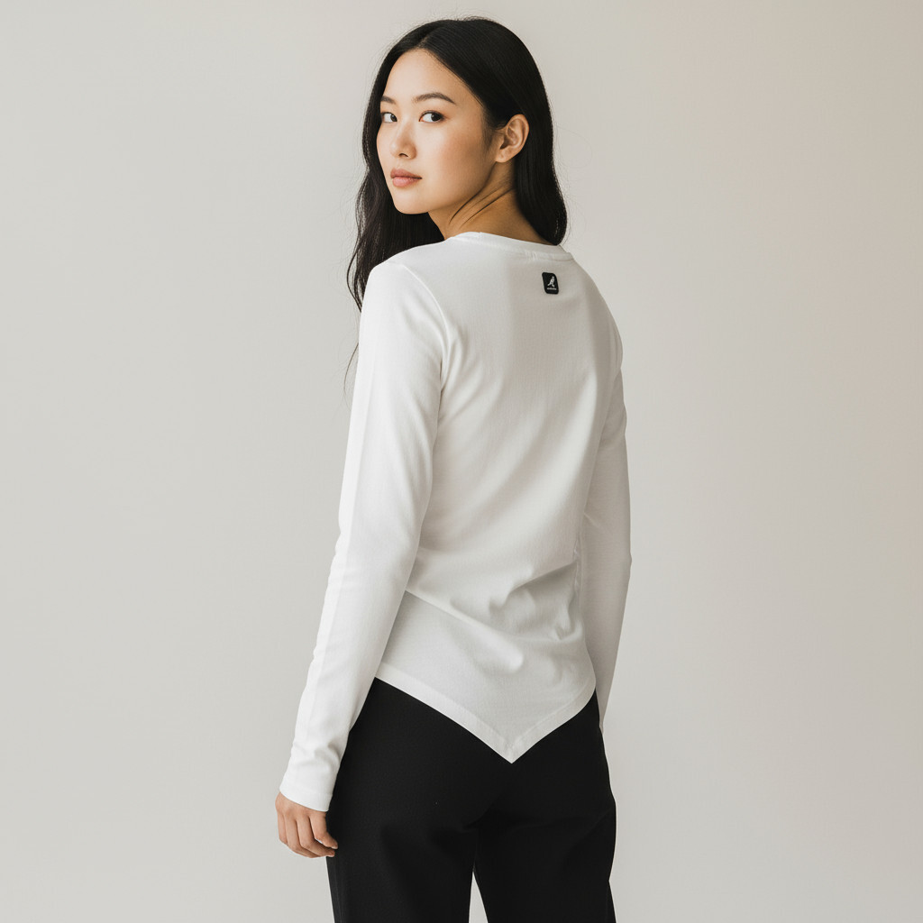 KANGOL 長袖 白色 羅紋 不對稱 斜下擺T 女 6552100201