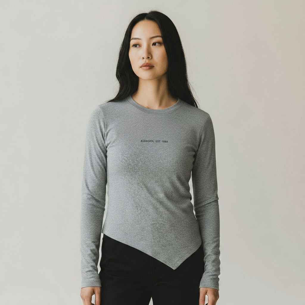 KANGOL 長袖 灰色 羅紋 不對稱 斜下擺T 女 6552100212