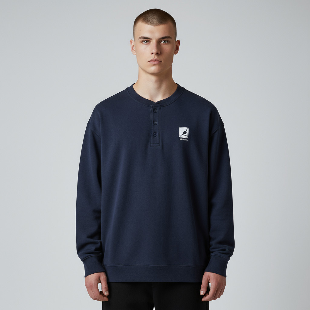 KANGOL 大學T 深藍 經典 亨利領 圓領T 上衣 中性 6555100380