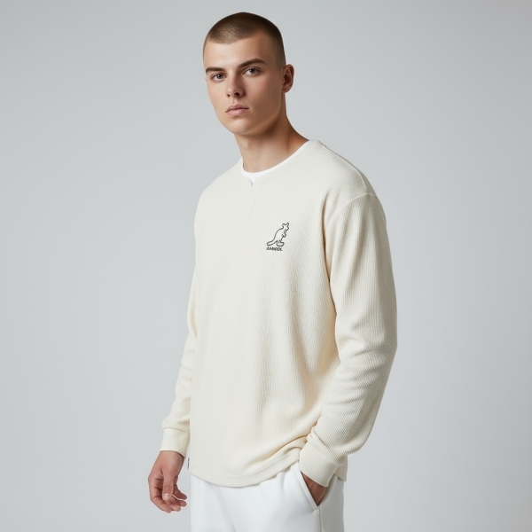 KANGOL 長袖 米白 雙層領 休閒T 上衣 中性 6555100701