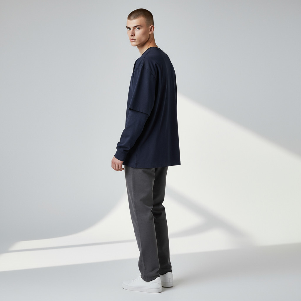 KANGOL 長袖 深藍 雙層領 休閒T 上衣 中性 6555100780