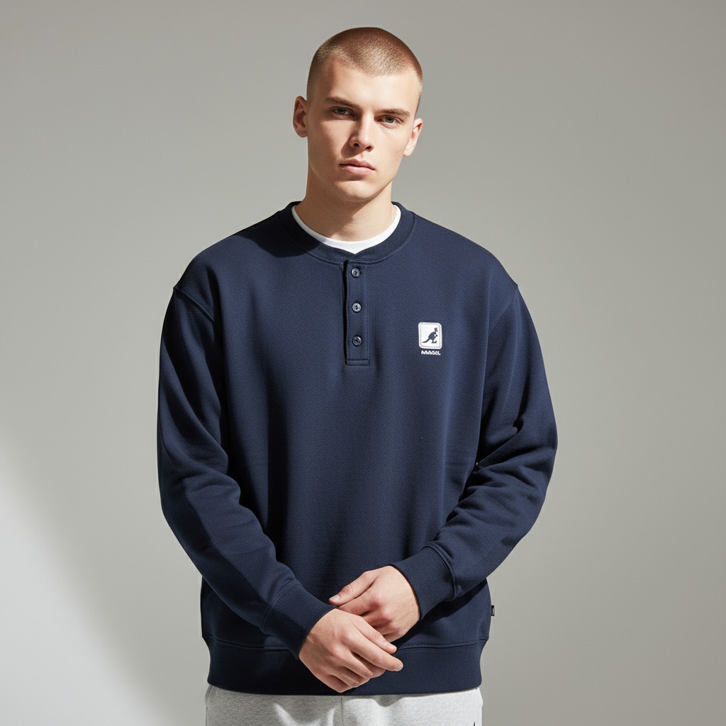 KANGOL 長袖 深藍 雙層領 休閒T 上衣 中性 6555100780