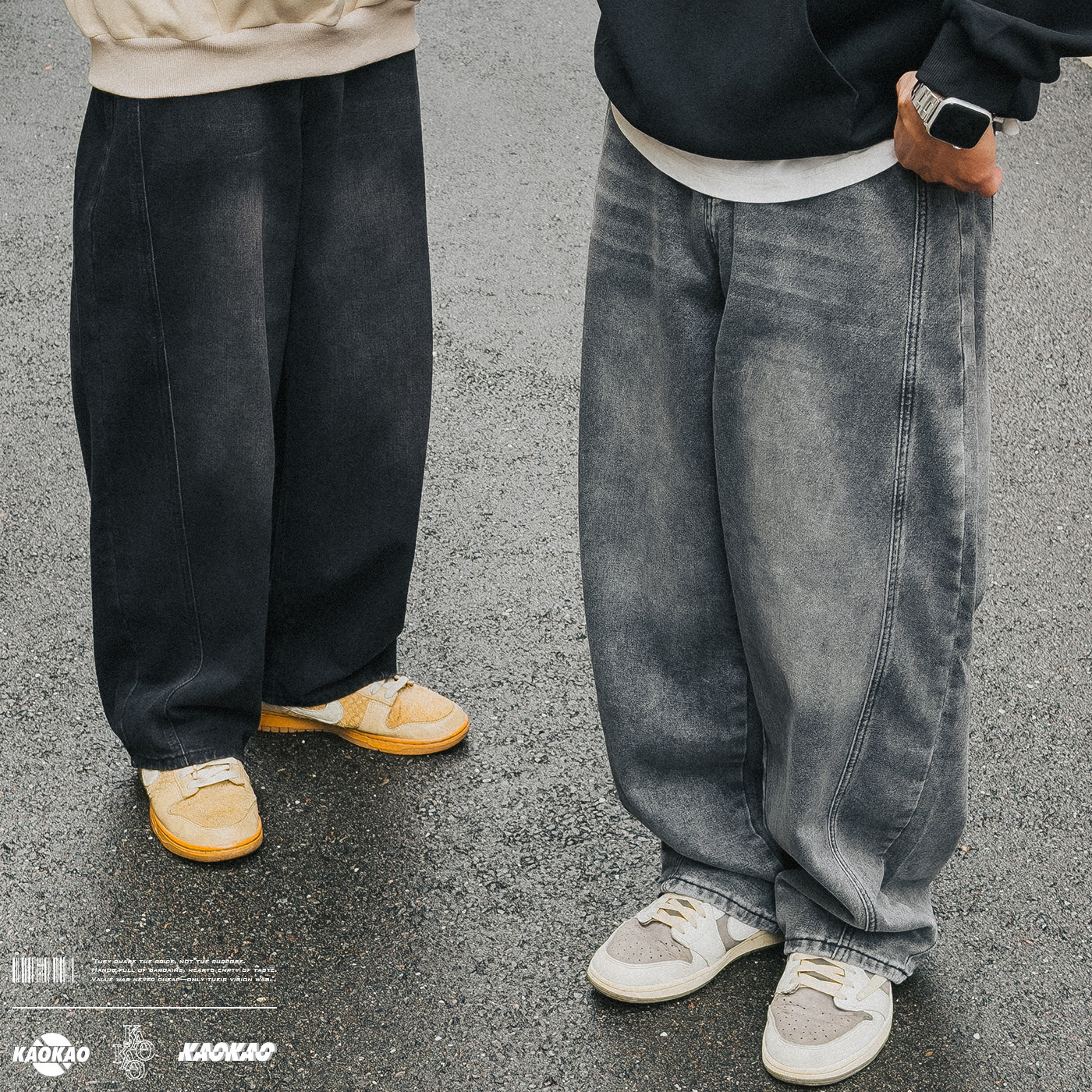 NATURE 做舊水洗牛仔褲 分割拼接設計 彎刀褲 復古寬鬆輪廓【MN2383】