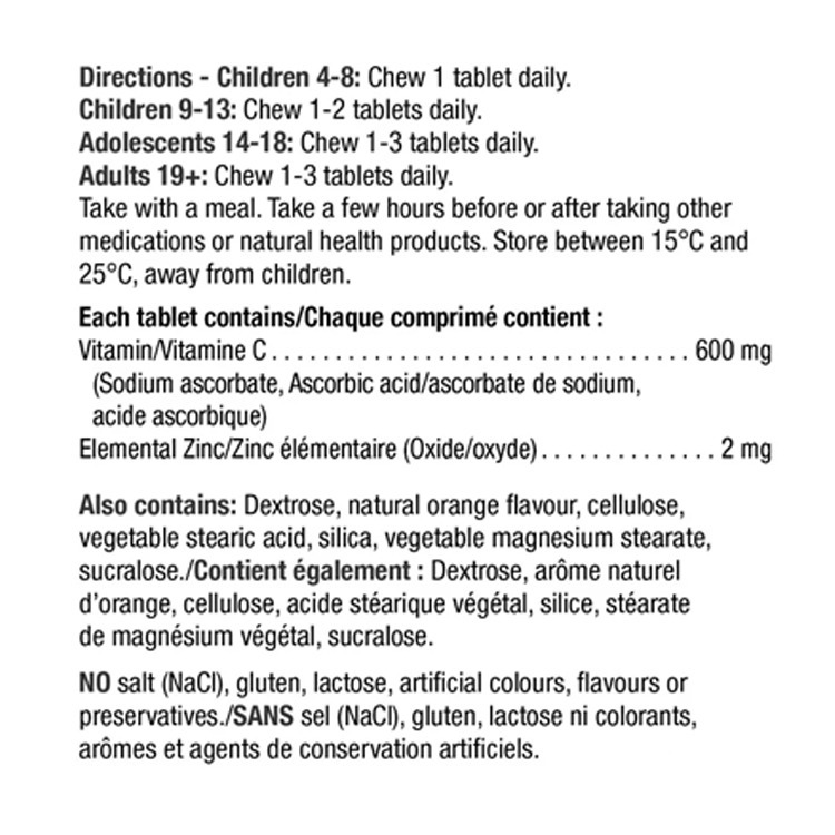 Jamieson Chewable Vitamin C + Zinc, 600 mg, 340 Tablets
