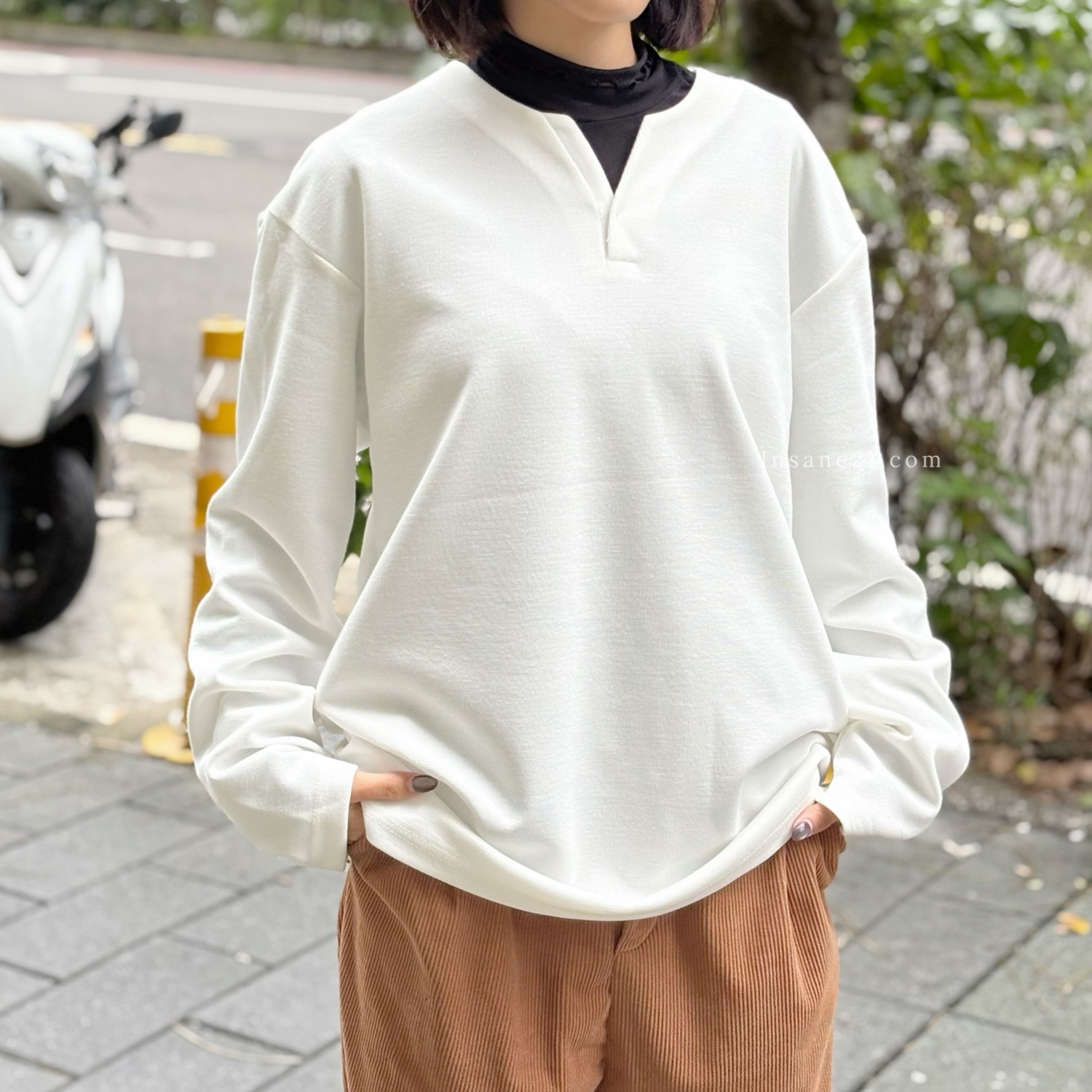 韓國 COOPER 亨利領 小V領 華夫格 長袖 薄長袖