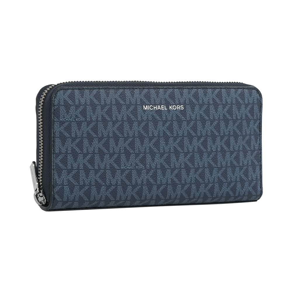 【Michael Kors】Cooper 銀字滿版塗層帆布ㄇ形拉鍊直式長夾(深藍色)