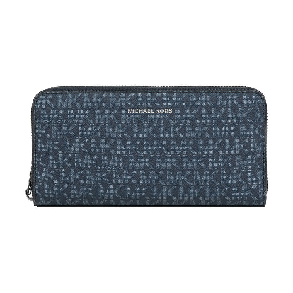 【Michael Kors】Cooper 銀字滿版塗層帆布ㄇ形拉鍊直式長夾(深藍色)