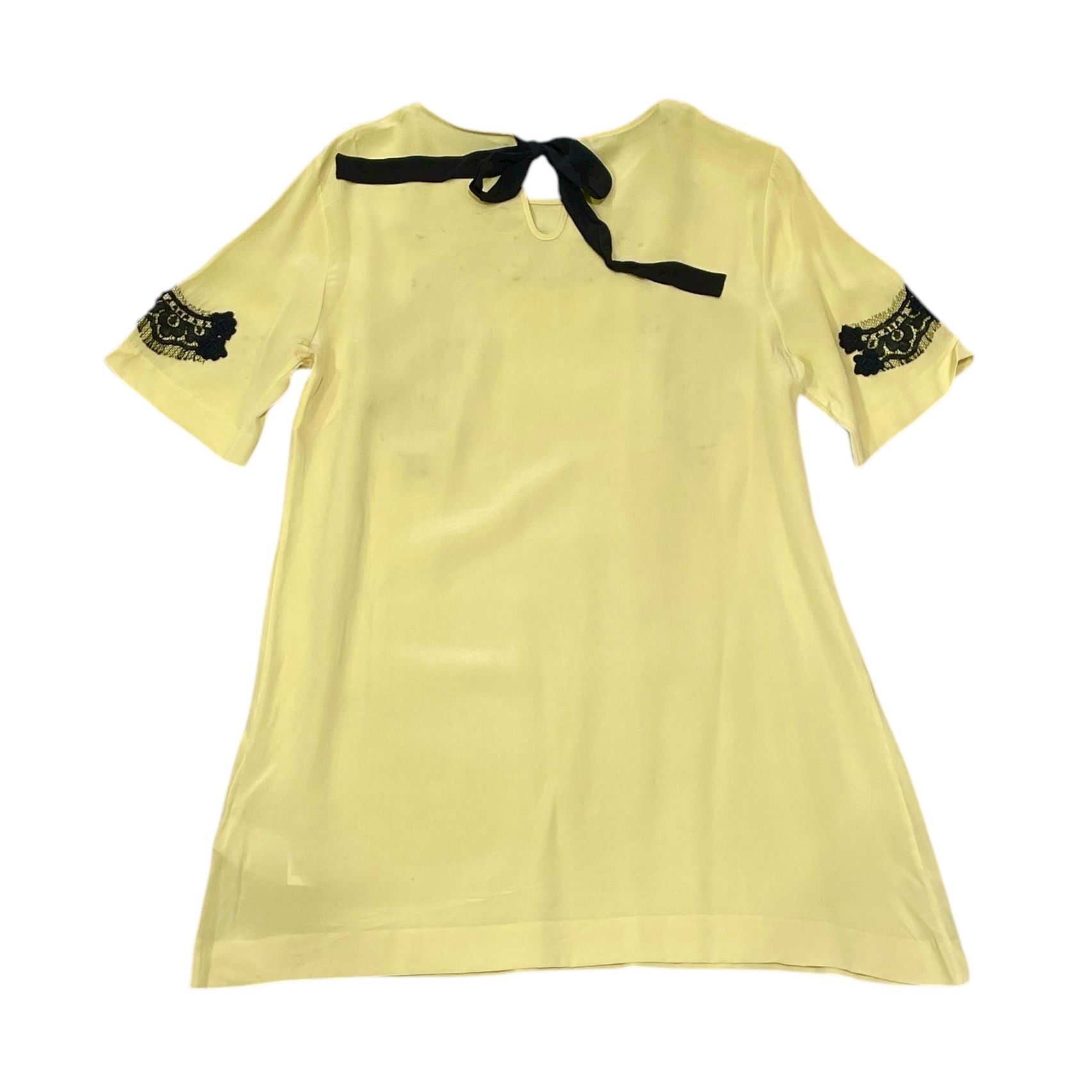 限時清倉價~全新DOLCE& GABBANA淡黃色真絲/黑色刺繡,短袖上衣,38碼, F7G14T,D&G SILK TOP, 小雞黃真絲上衣, #BRAND NEW #香榭站正品