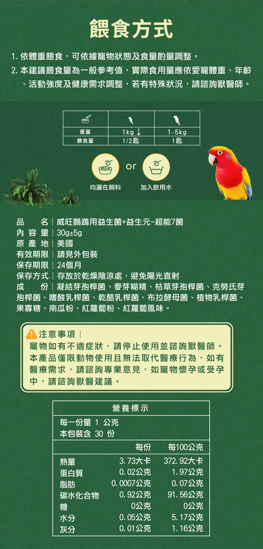 威旺WeWant 鸚鵡益生菌＋益生元-超能7菌30g，可撒入鳥飼料或混入飲水，維持腸道健康