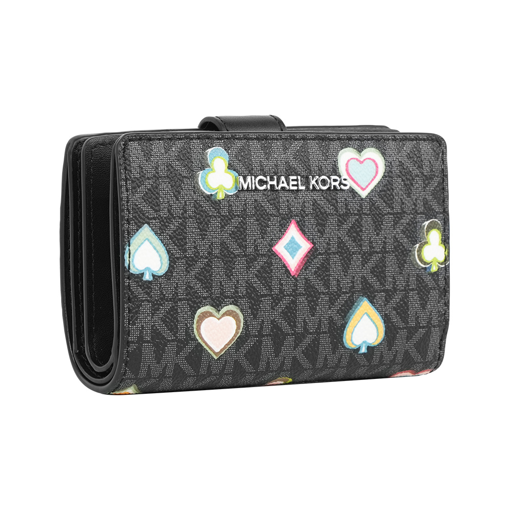 【Michael Kors】Jet Set 撲克牌花色塗層帆布釦式中夾(黑色)