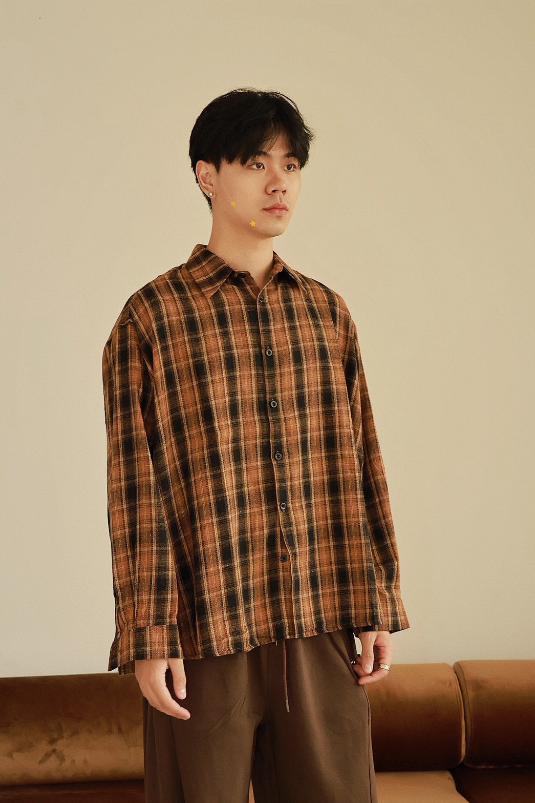 復古 撞色 格子 長袖 #襯衫