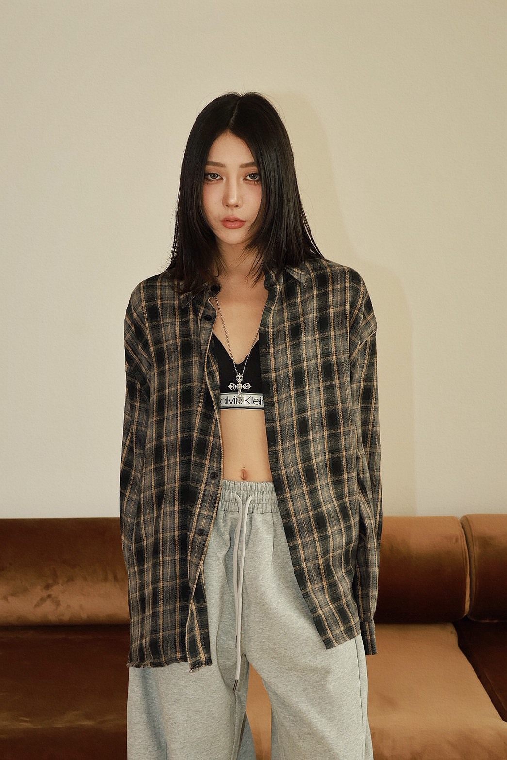 復古 撞色 格子 長袖 #襯衫