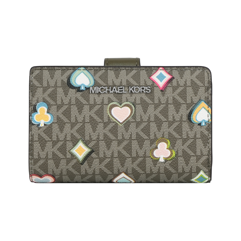 【Michael Kors】Jet Set 撲克牌花色塗層帆布釦式中夾(橄欖綠)