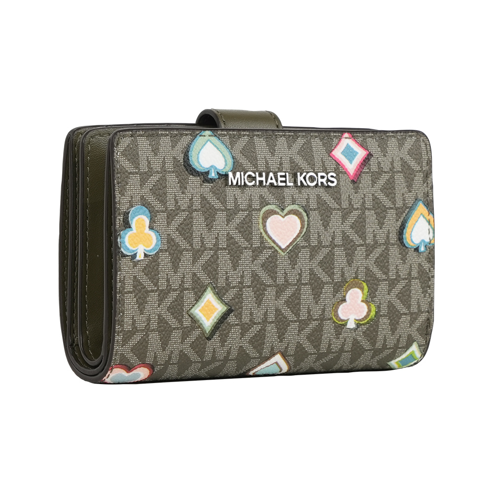 【Michael Kors】Jet Set 撲克牌花色塗層帆布釦式中夾(橄欖綠)