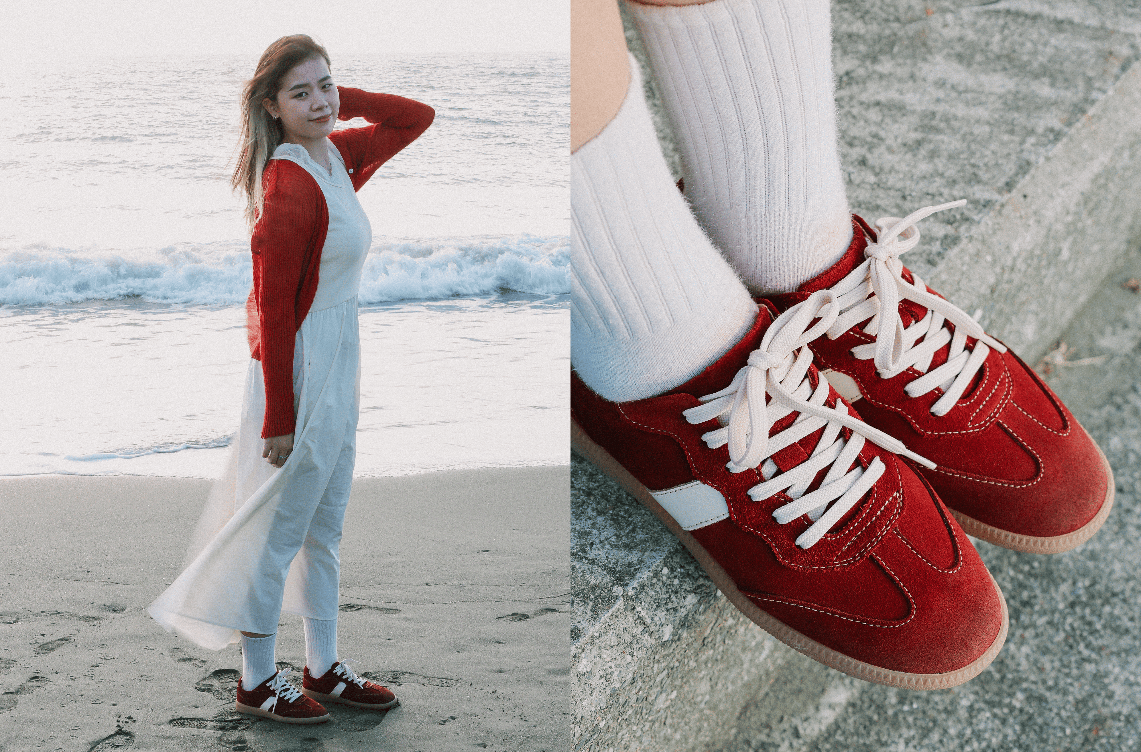 Sanly Joy 防潑水德訓鞋 復古紅,真皮拼接設計、3M防潑水機能,適合閨蜜出遊、海邊穿搭拍照,兼具休閒與質感風格。