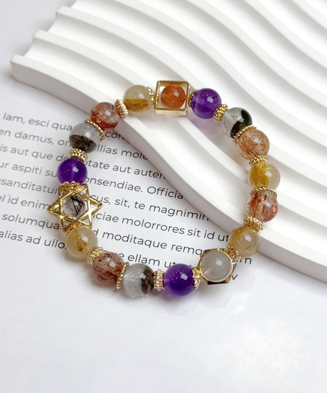 六芒星|鈦晶/綠幽靈/黑金超/紫水晶/太陽石/灰月光水晶手鍊