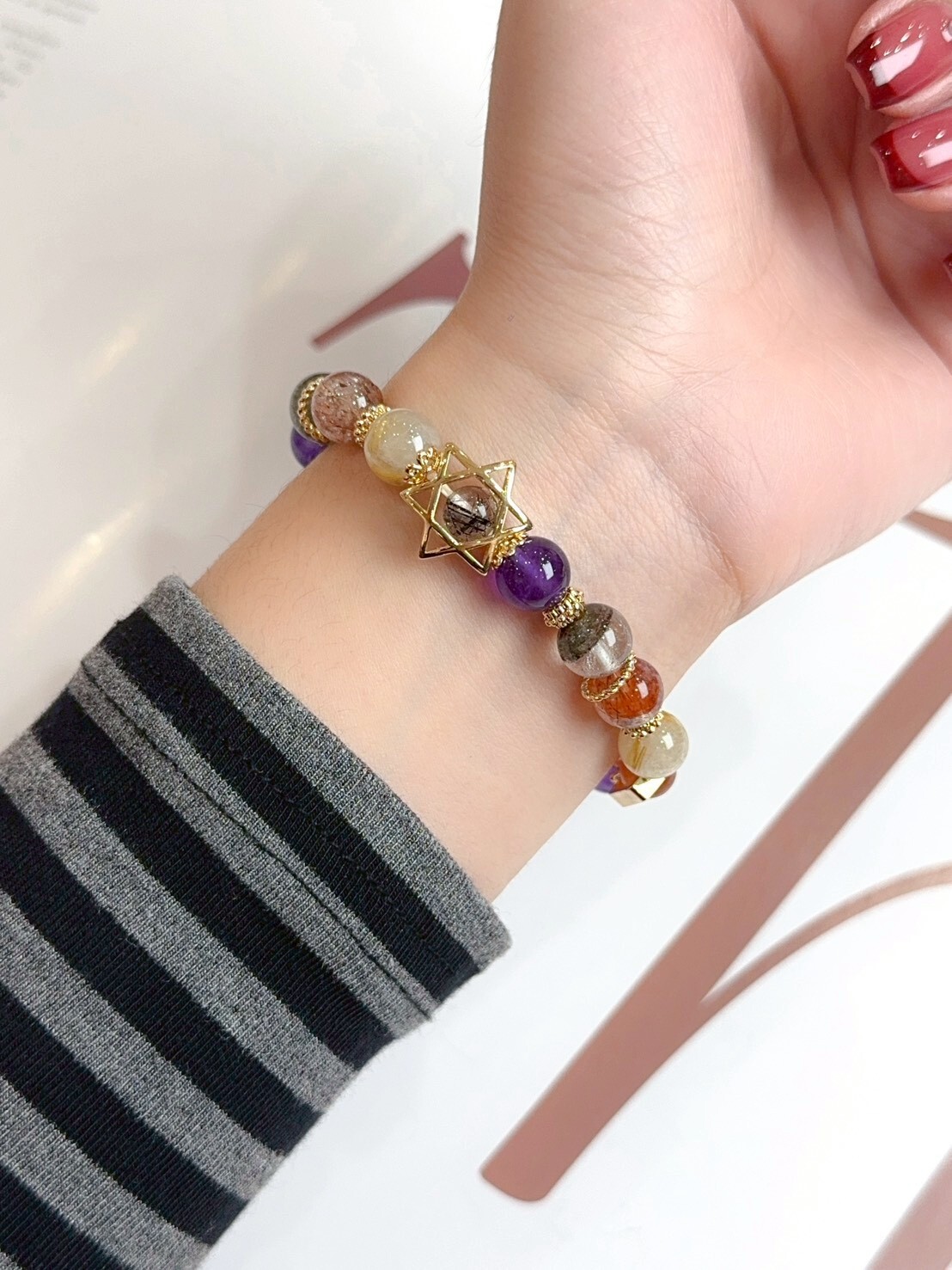 六芒星|鈦晶/綠幽靈/黑金超/紫水晶/太陽石/灰月光水晶手鍊