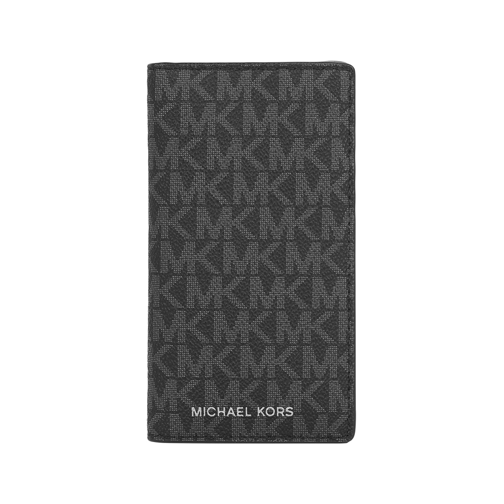 【Michael Kors】銀字滿版Logo 釦式二折大款卡片夾/卡包(黑色)