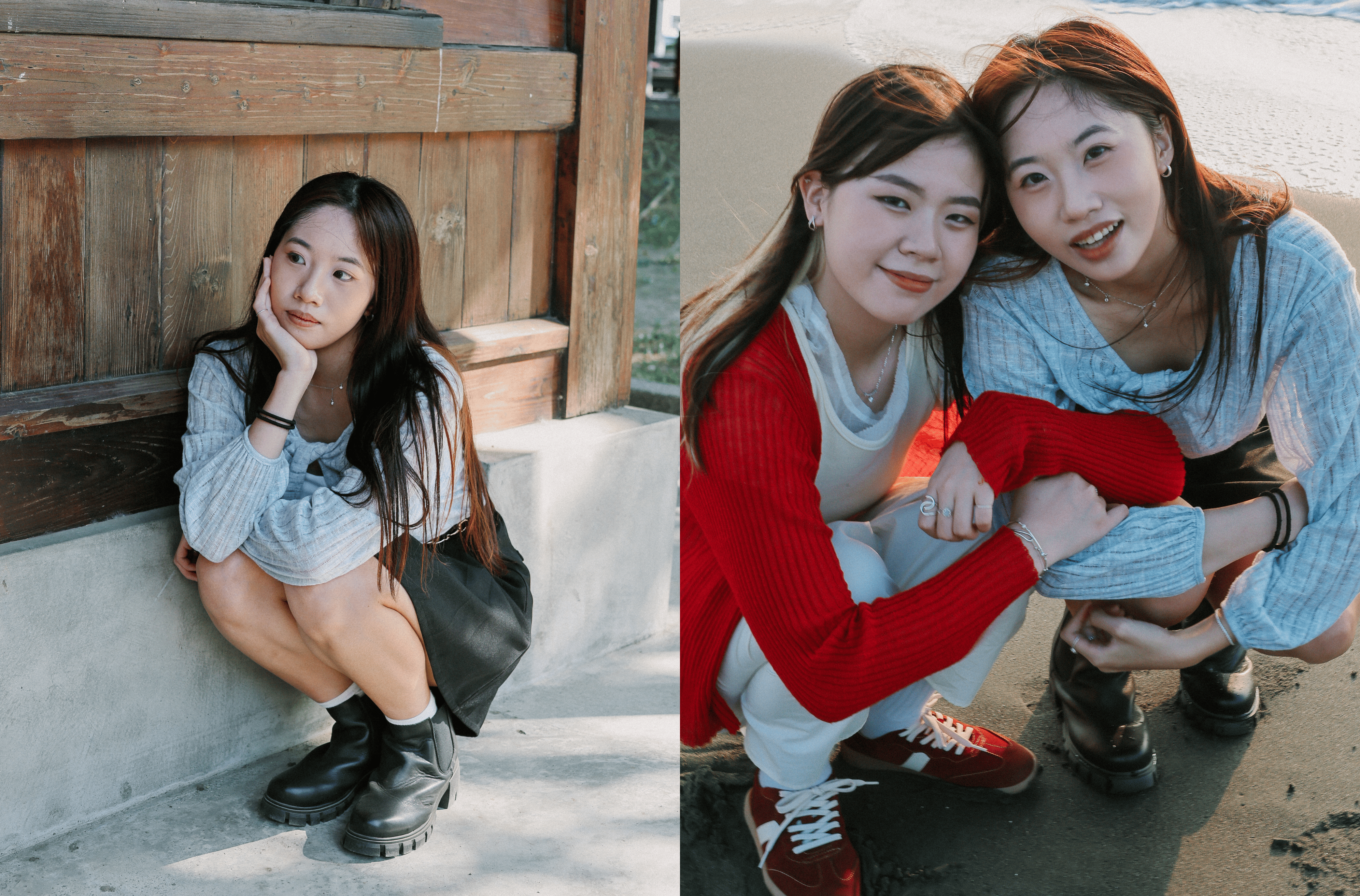 Sanly Joy 防潑水德訓鞋與切爾西短靴 閨蜜合照,展現不同穿搭風格,復古紅與經典黑鞋款對比自然,適合海邊拍照與日常出遊穿搭靈感。