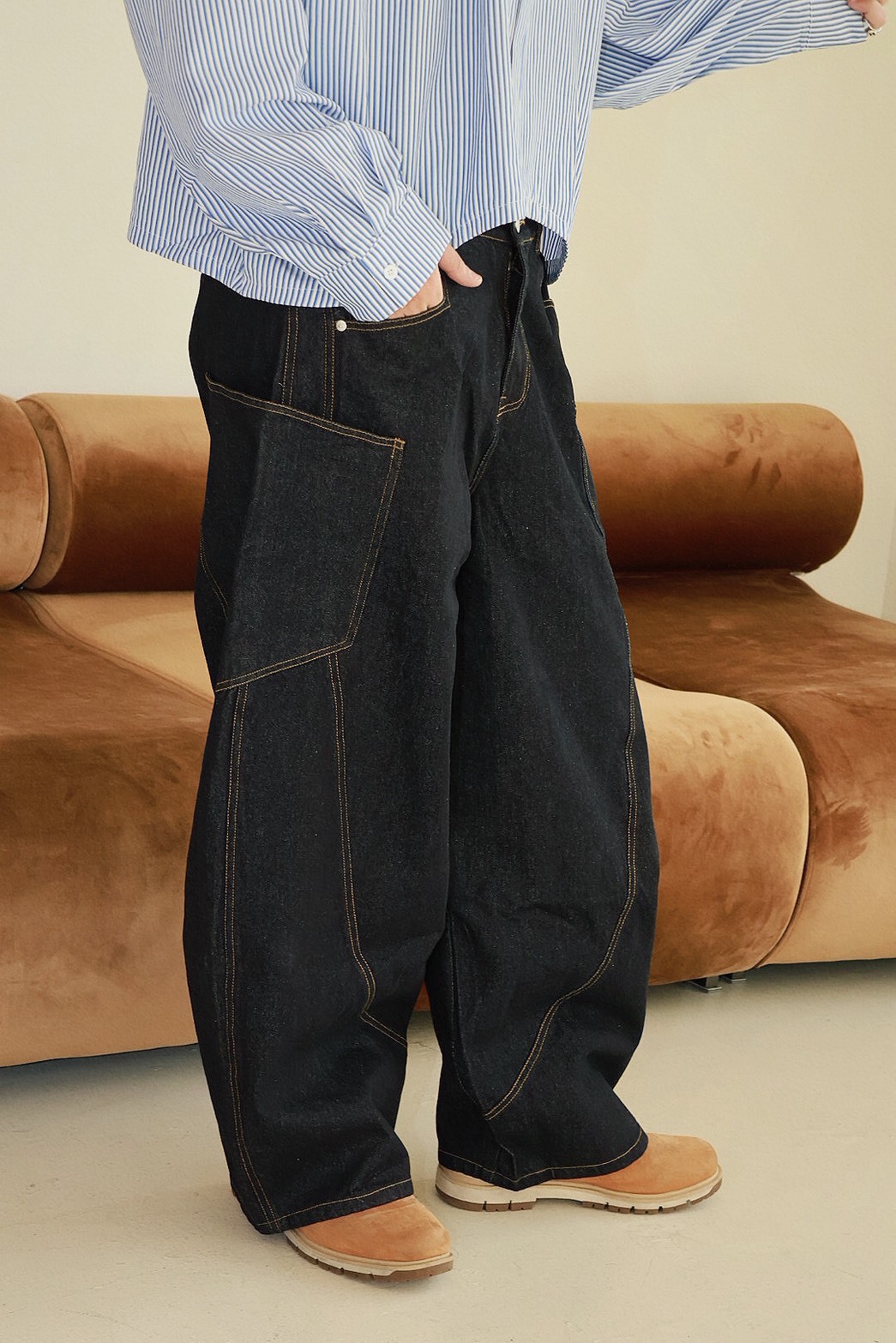 原色 側大口袋 黃縫線 錐形 #牛仔褲