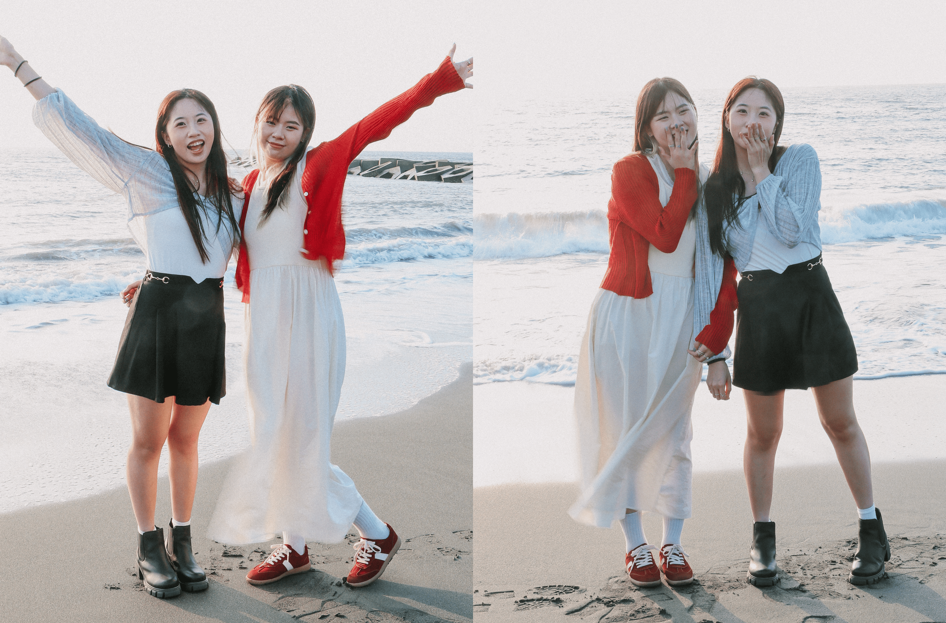 Sanly Joy 防潑水德訓鞋與切爾西短靴 閨蜜合照,展現不同穿搭風格,復古紅與經典黑鞋款對比自然,適合海邊拍照與日常出遊穿搭靈感。