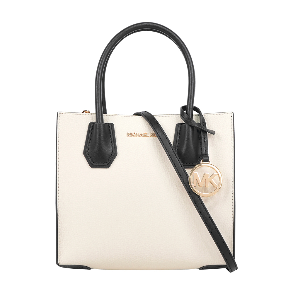 【Michael Kors】Mercer Logo 吊飾拼色粒紋皮革中型二用包(奶油色)