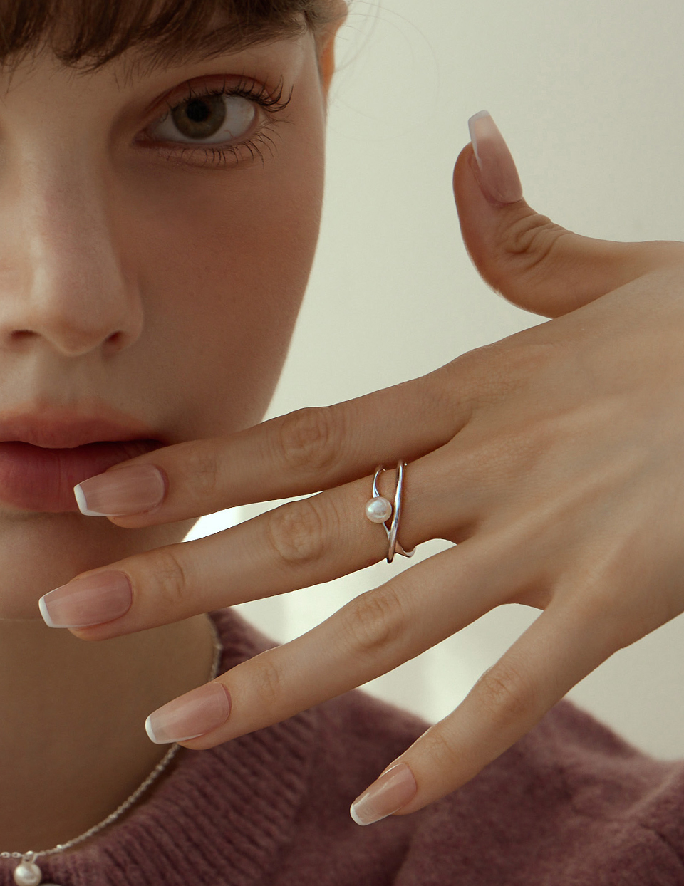 【925純銀】交錯珍珠可調式戒指(銀)