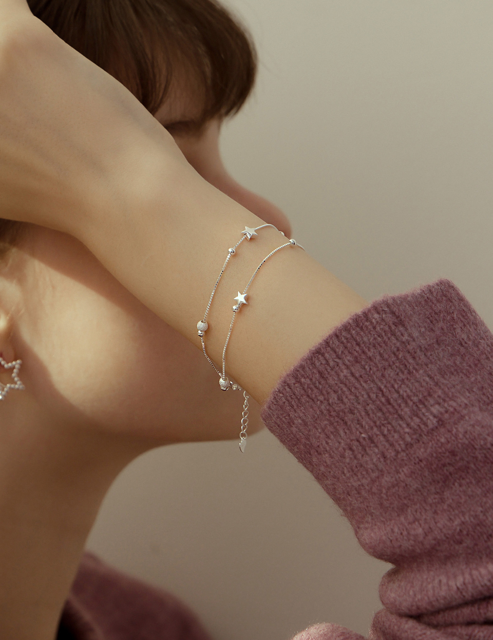 【925純銀】星星紋理珠層次手鍊
