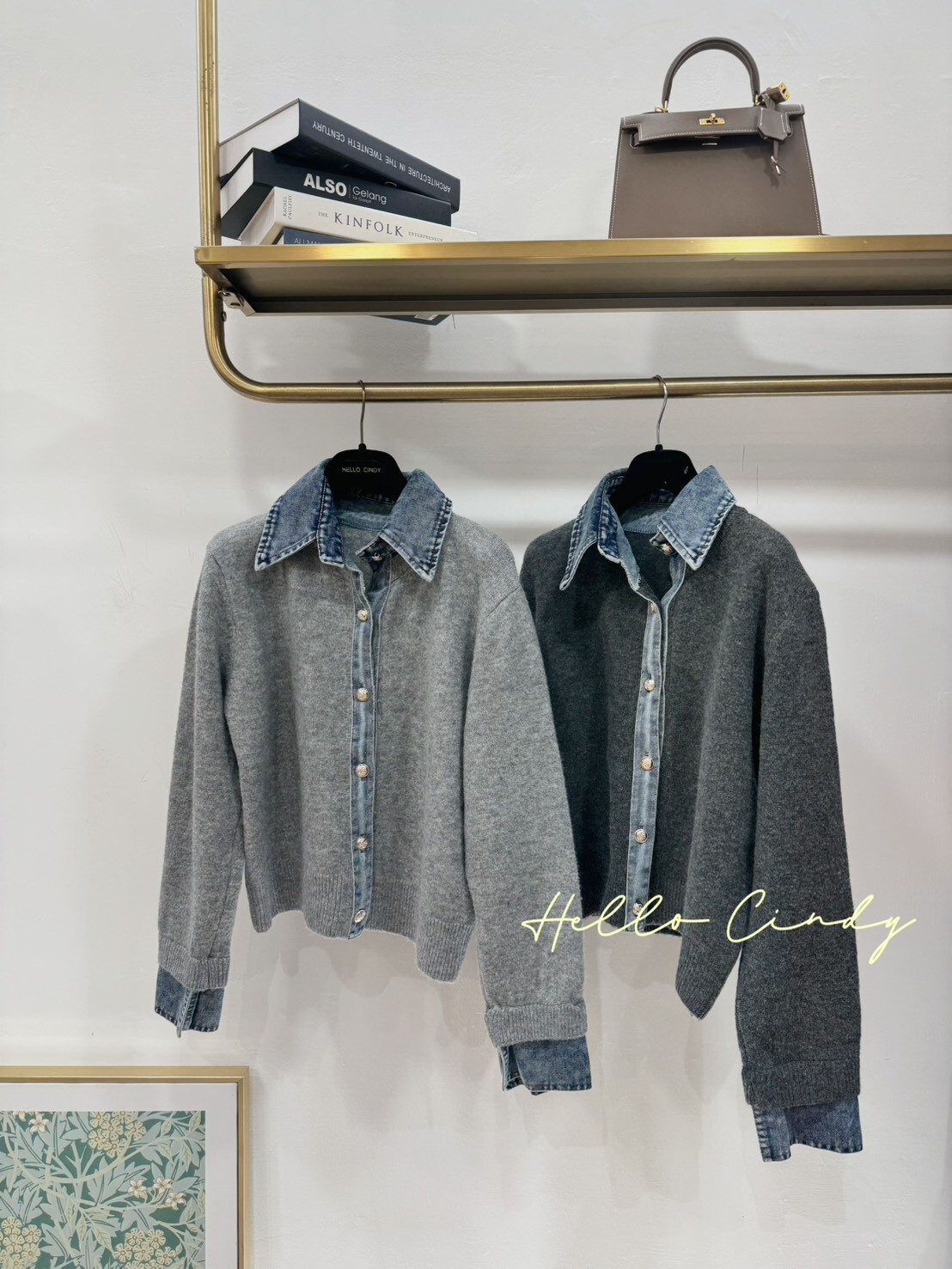 B11013 超好看的牛仔拼接重磅針織銀扣襯衫式外套