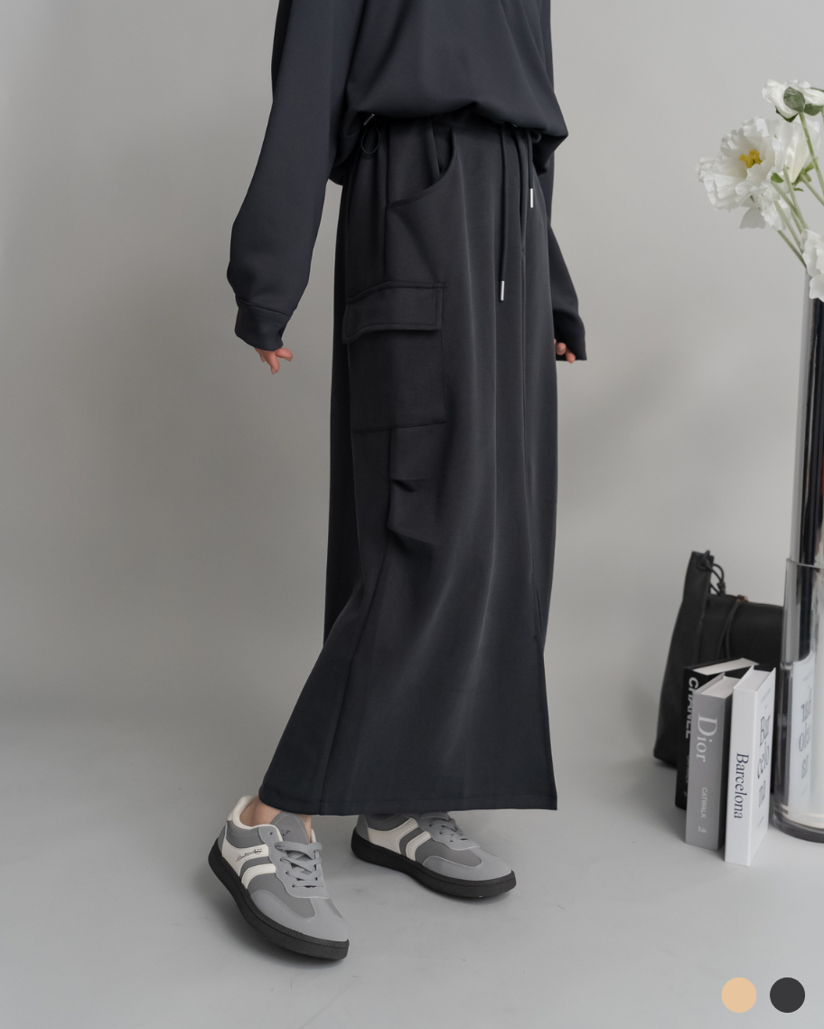 率性休閒工裝抽繩長裙