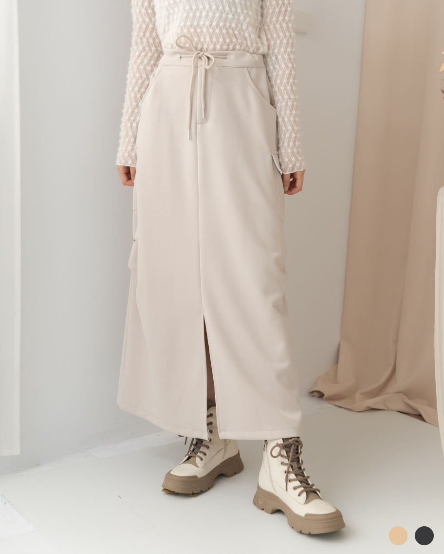 率性休閒工裝抽繩長裙