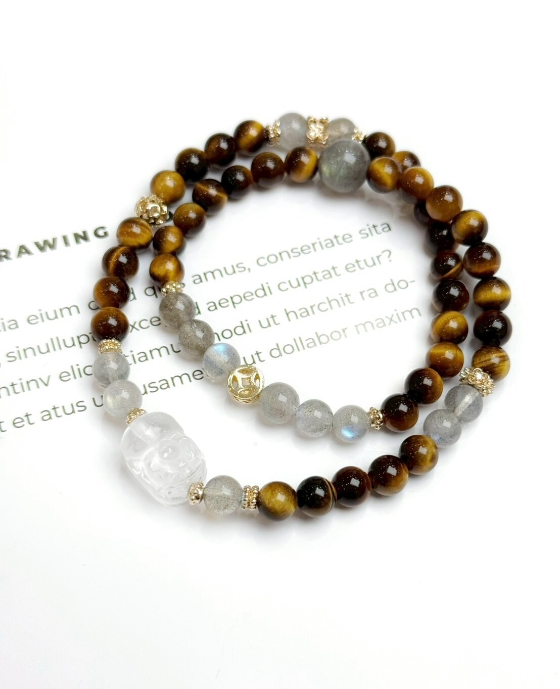 白水晶貔貅/虎眼石/灰月光雙圈水晶手鍊