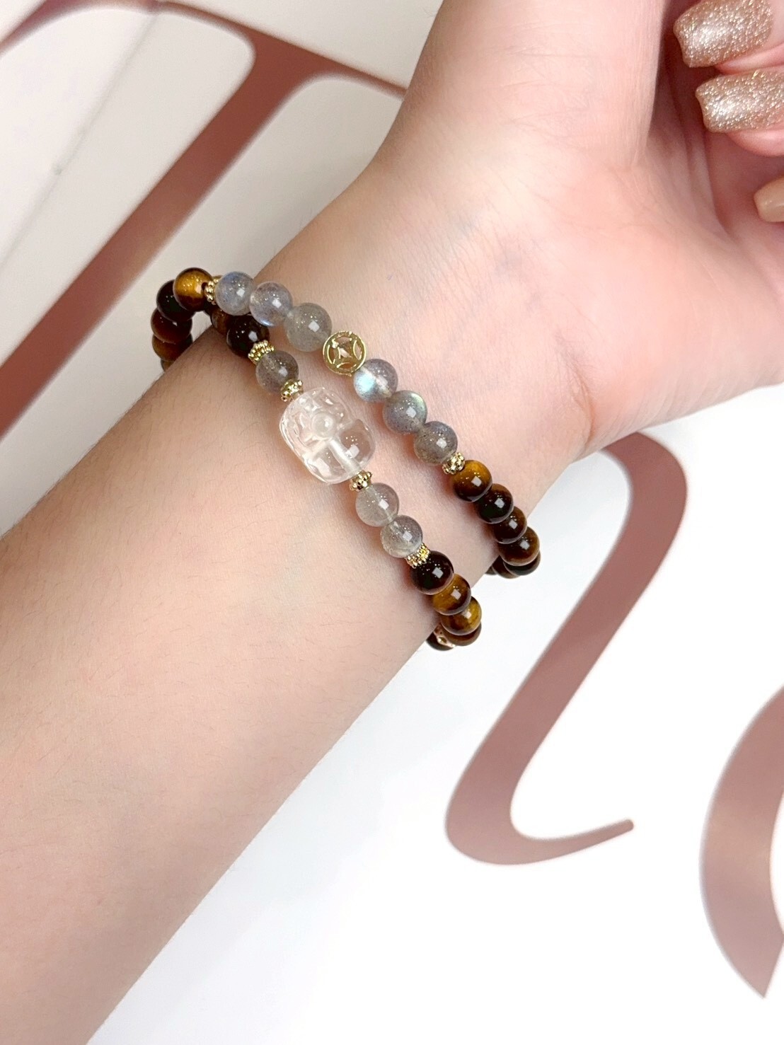白水晶貔貅/虎眼石/灰月光雙圈水晶手鍊