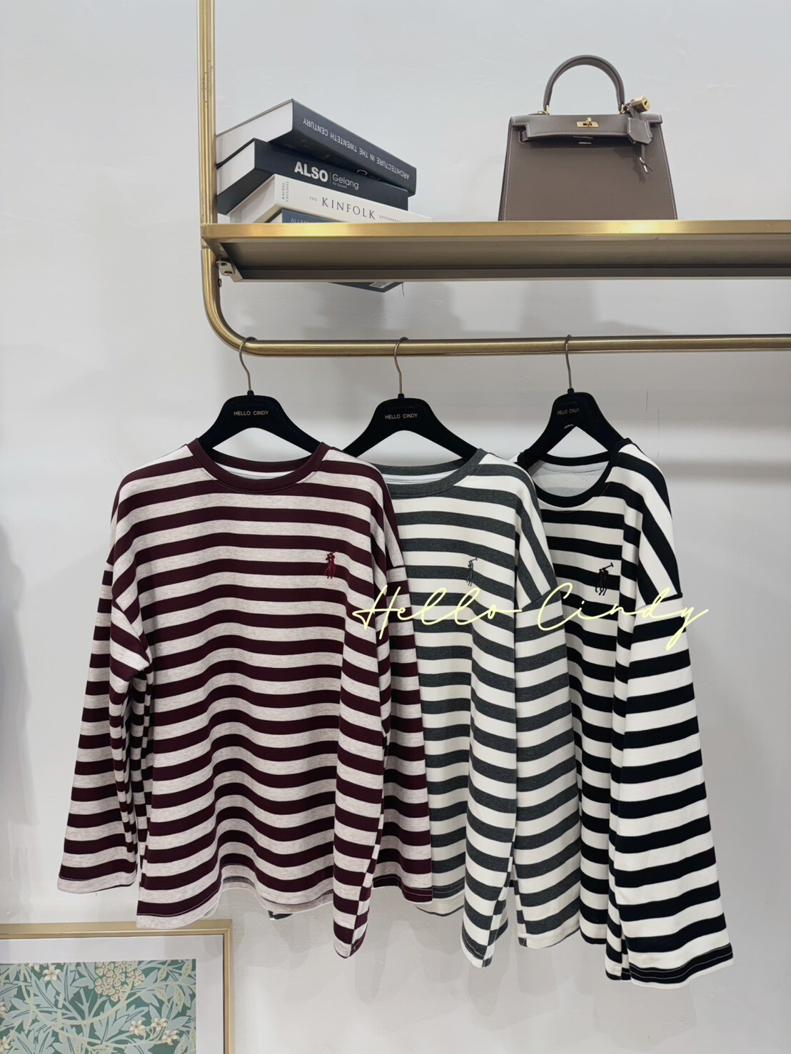 B11006 美式刺繡小馬老錢風優雅條紋太空棉質上衣