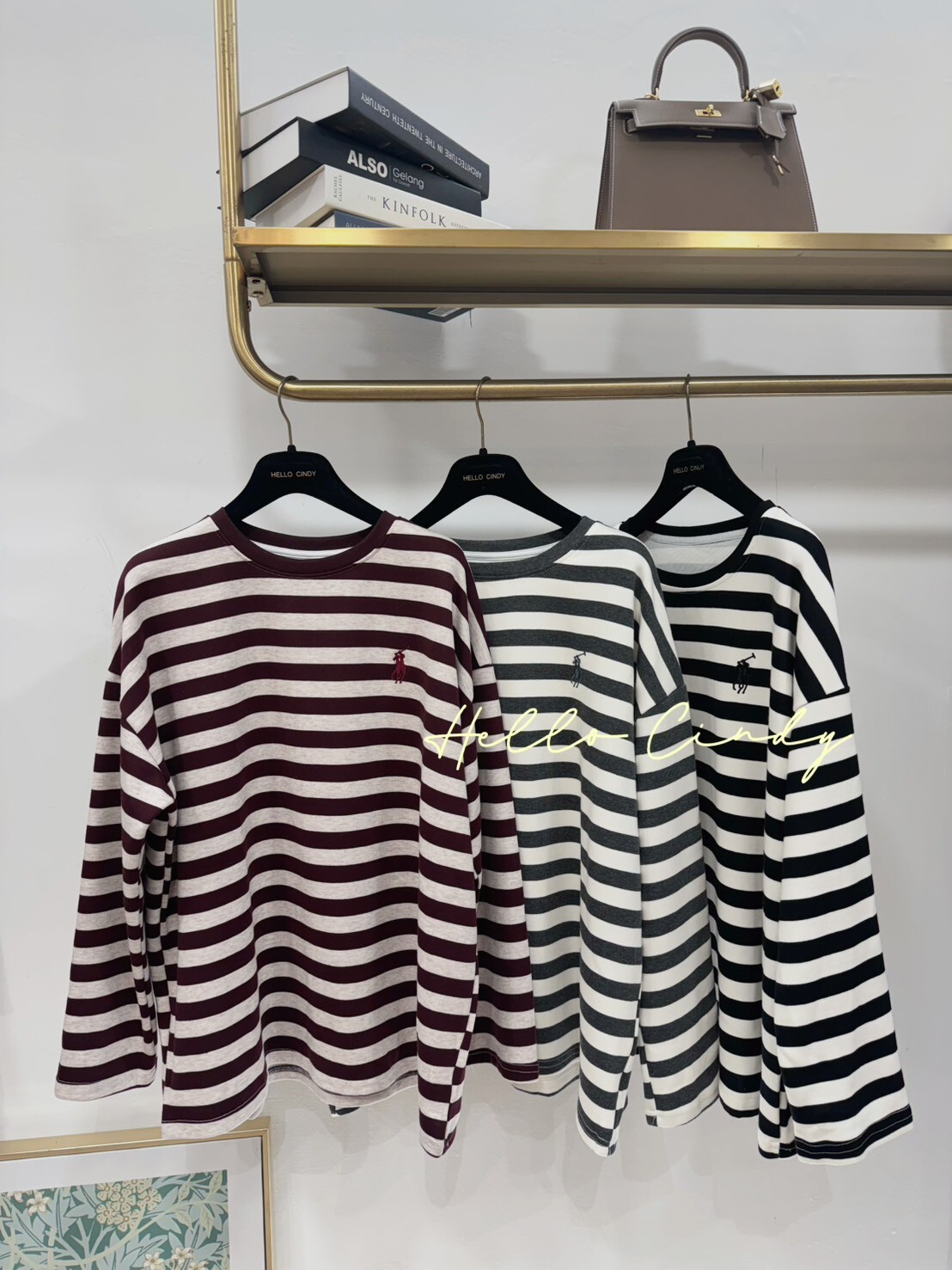 B11006 美式刺繡小馬老錢風優雅條紋太空棉質上衣